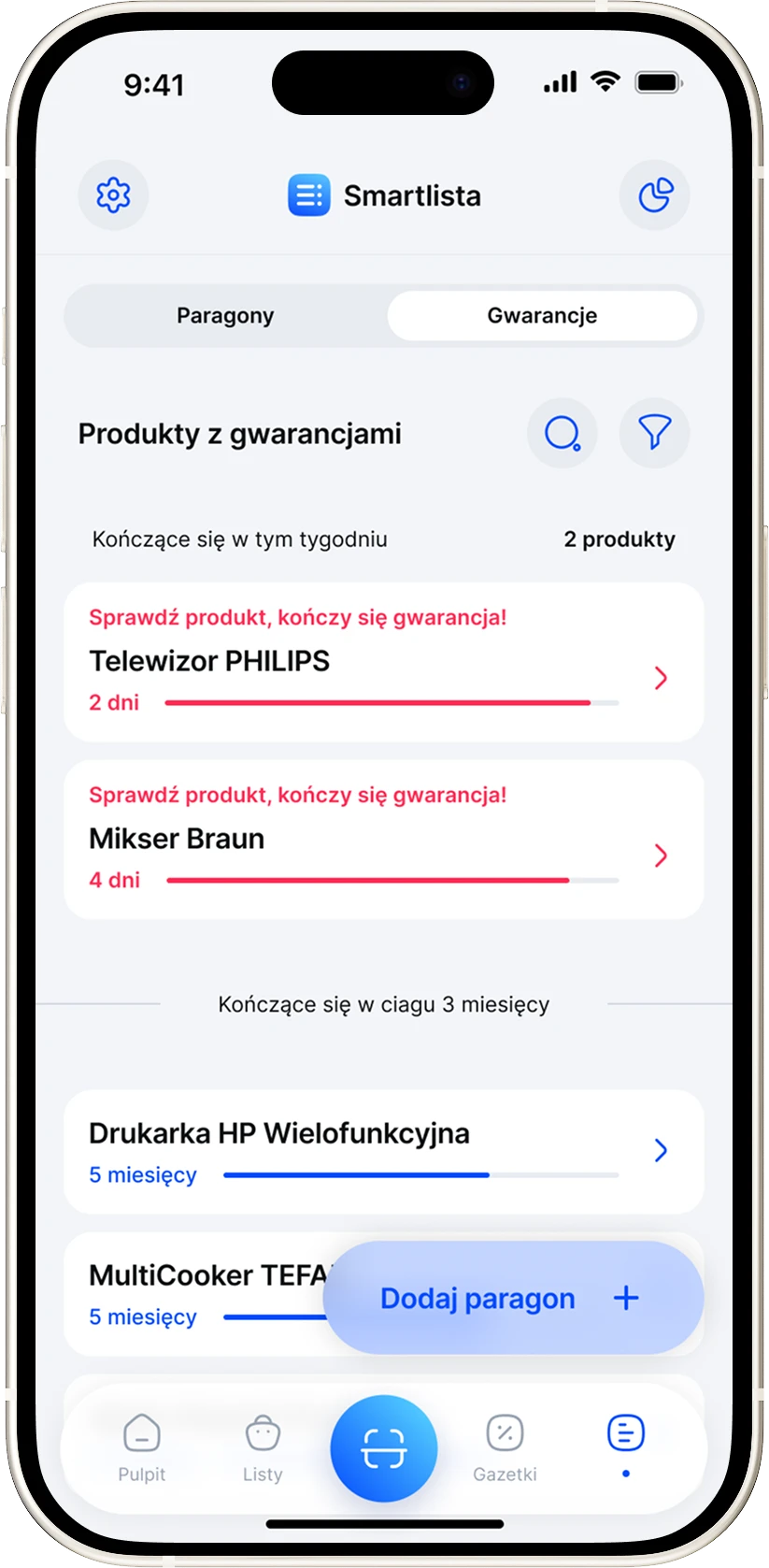 Lista produktów na gwarancji w aplikacji Smartlista, z czasem pozostałym do końca ochrony