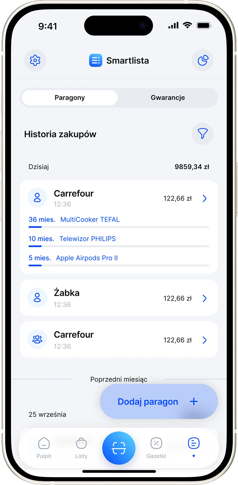 Ekran historii zakupów w aplikacji Smartlista z paragonami z Carrefoura i Żabki