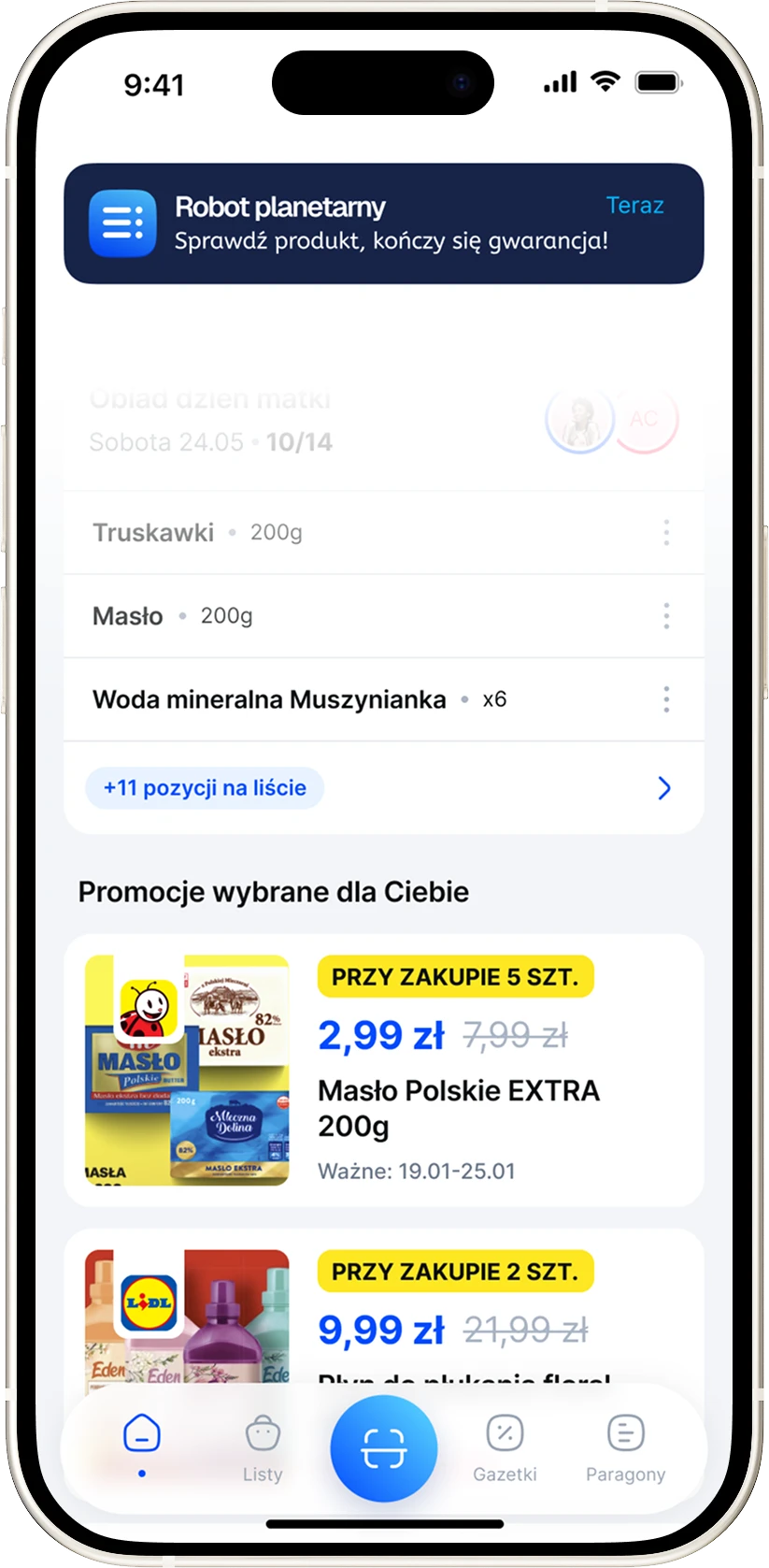 Powiadomienie w aplikacji Smartlista o produkcie, któremu kończy się gwarancja