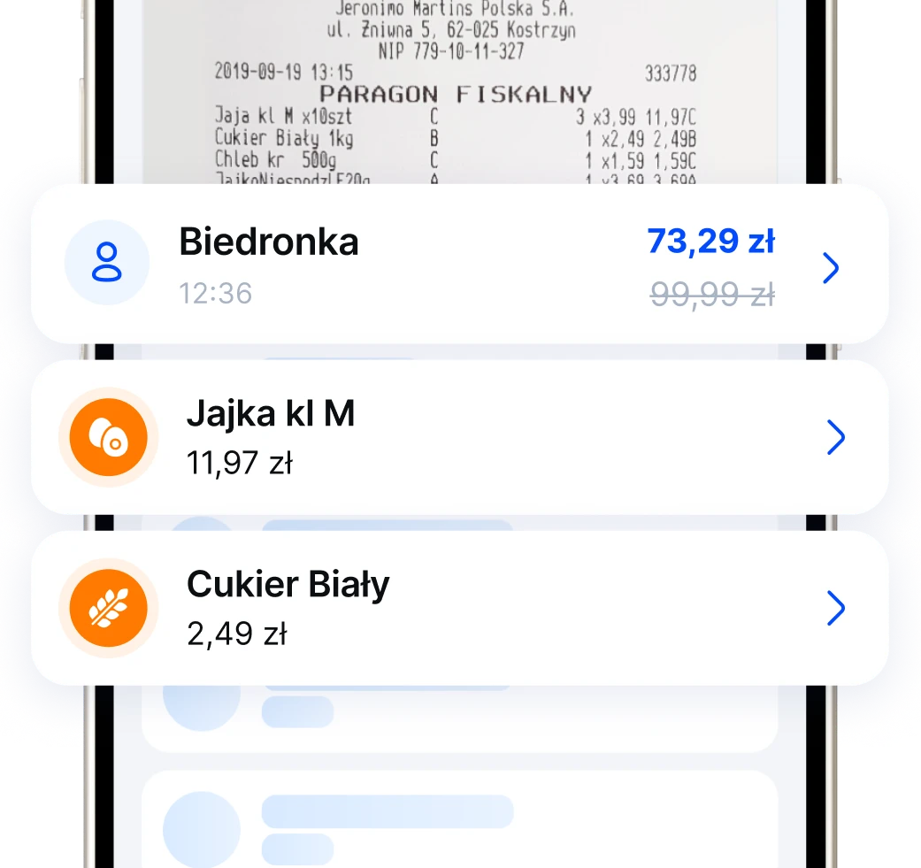 Ekran aplikacji Smartlista ze skanowanym paragonem i trwającą analizą pozycji