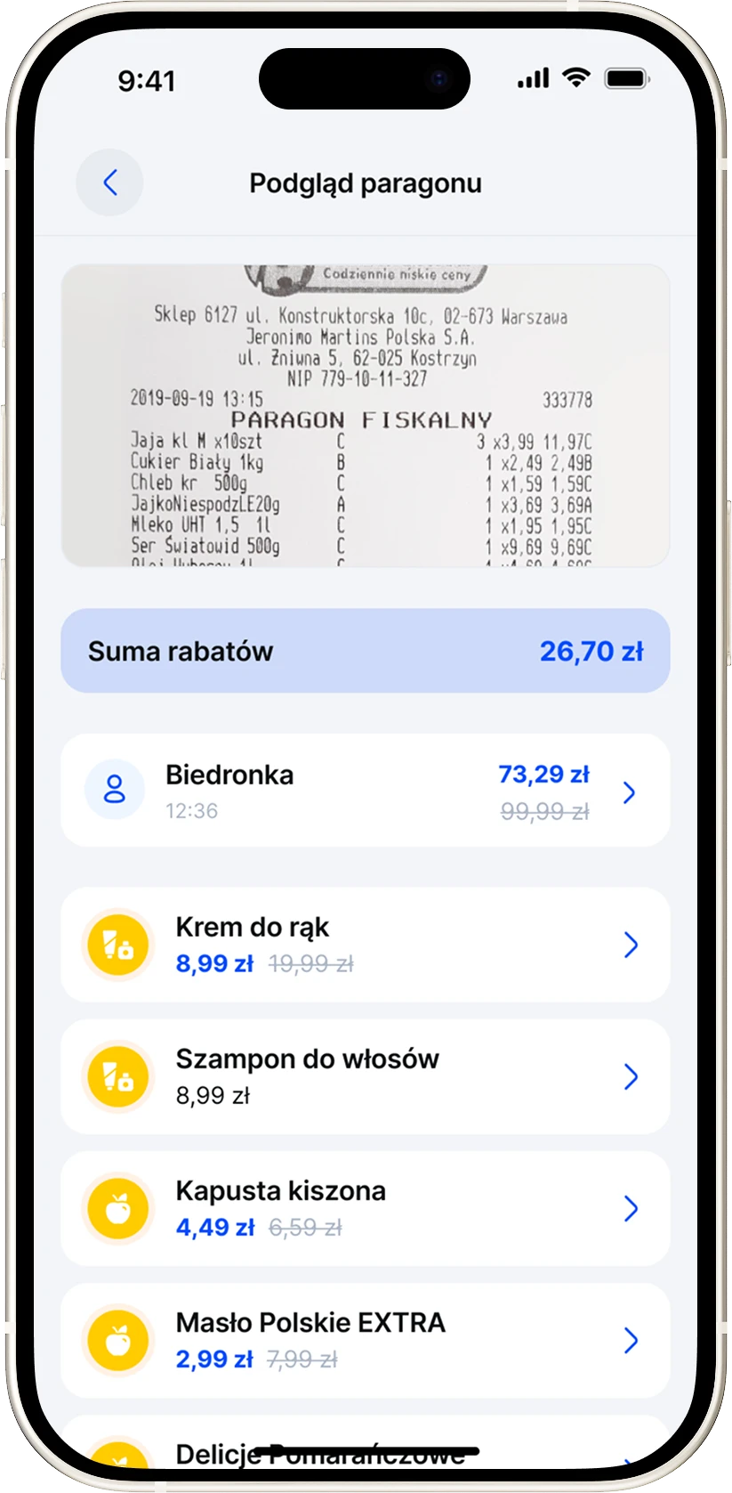 Podgląd odnalezionego paragonu w aplikacji Smartlista z listą produktów i sumą rabatów